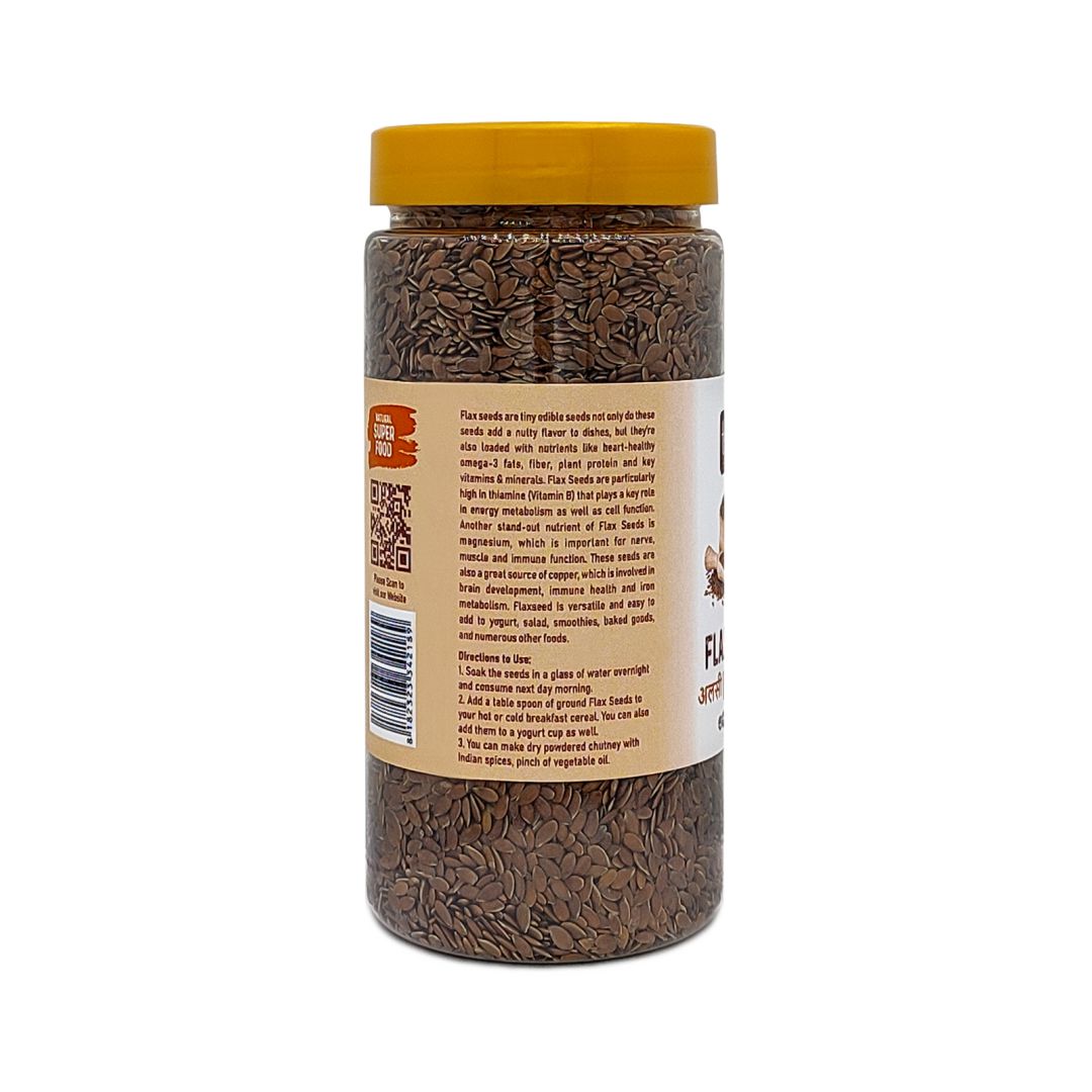 Organic flax seeds jar with detailed nutrition and usage label, premium quality healthy seeds, buy organic seeds online