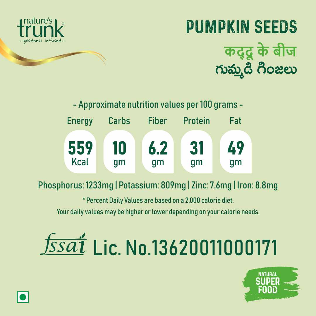 Nature’s Trunk pumpkin seeds nutrition label showing energy, protein and minerals, healthy organic seeds online