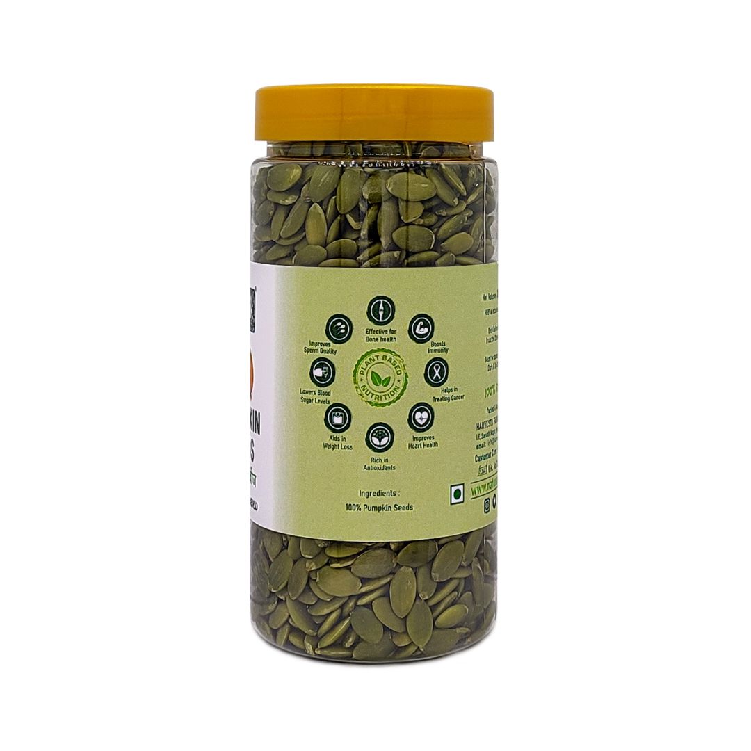 Pumpkin seeds jar showing nutrition icons and benefits, natural and organic pumpkin seeds available organic seeds online