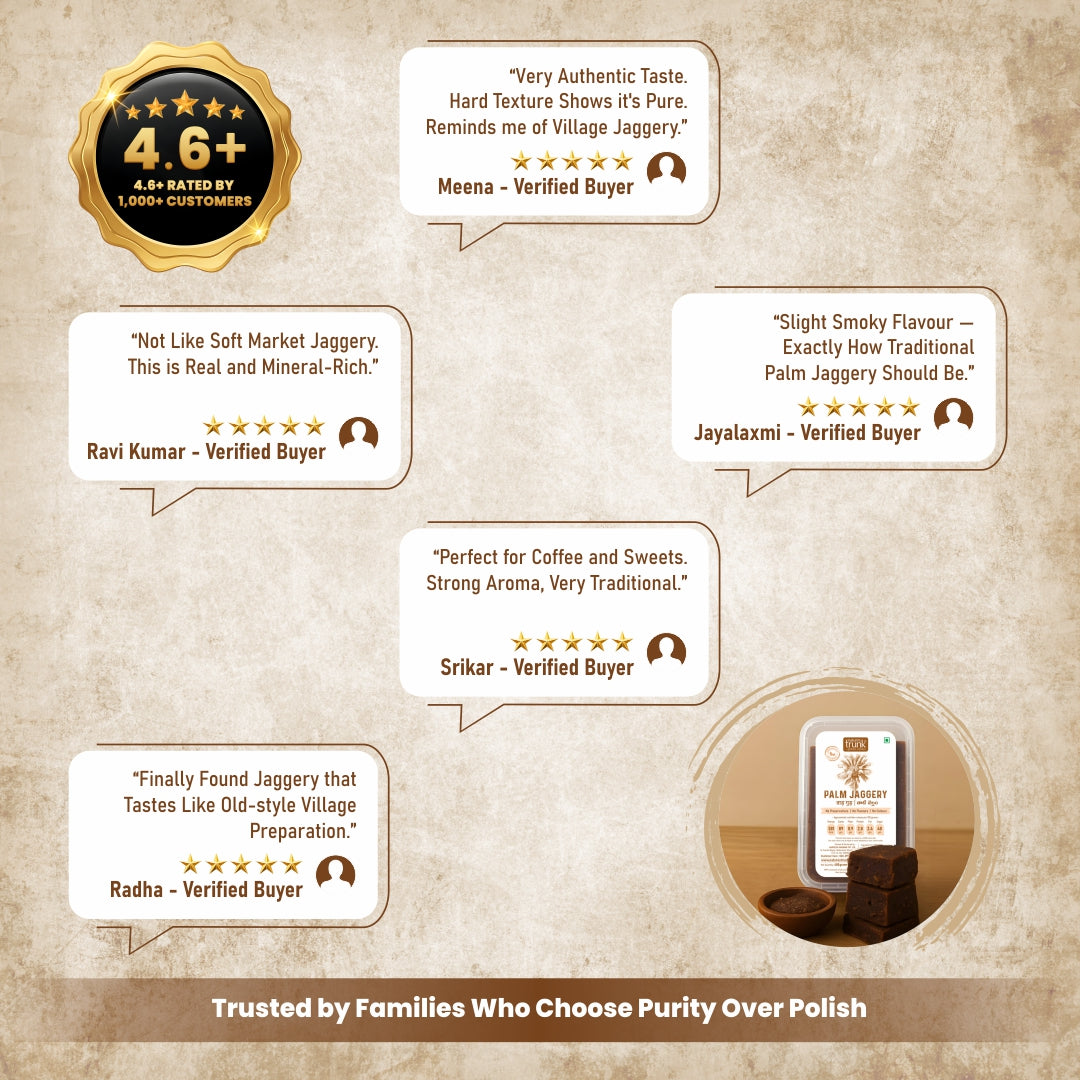 Palm Jaggery Reviews from verified Nature's Trunk customers highlighting authentic taste, natural quality, rich minerals, and traditional flavour. Buy Palm Jaggery with confidence.