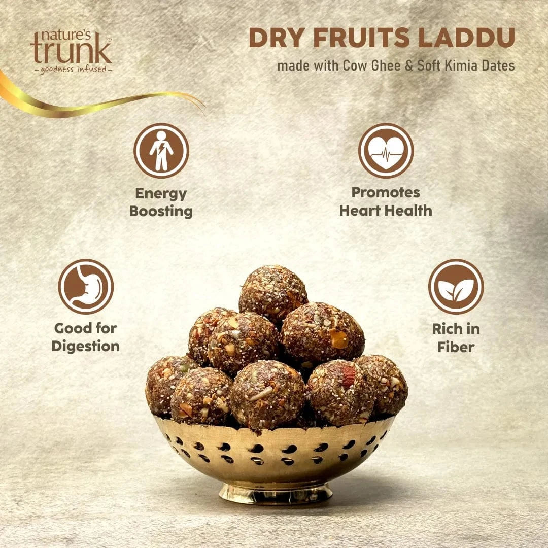 Front view of dry fruit laddu showing rich ingredients and festive appeal — premium laddus for celebrations. Buy sweets online easily.