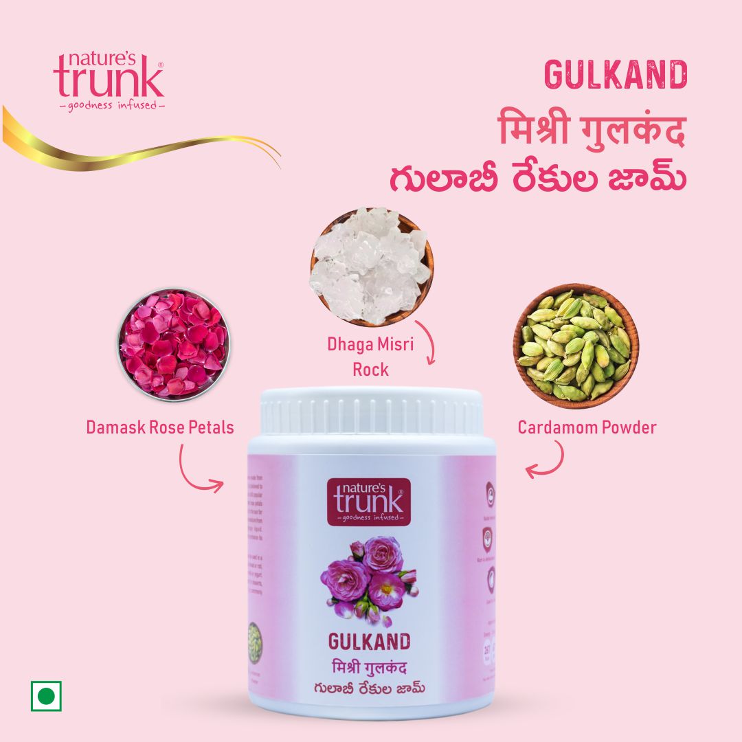 Nature's Trunk gulkand jar with Damask rose petals, misri rock and cardamom ingredients shown for healthy rose jam