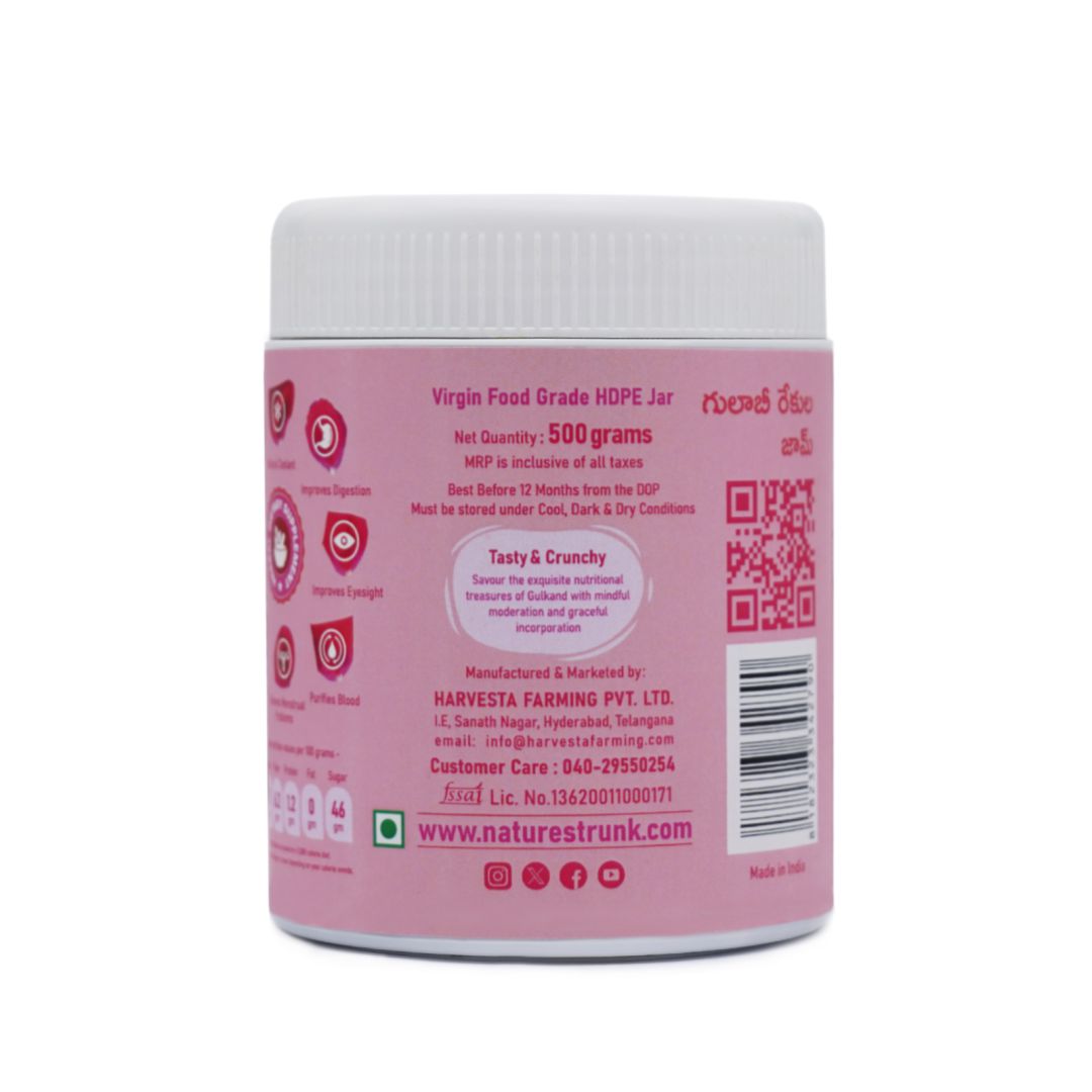 Nature's Trunk gulkand jar back label showing net quantity, manufacturer details, barcode and storage instructions