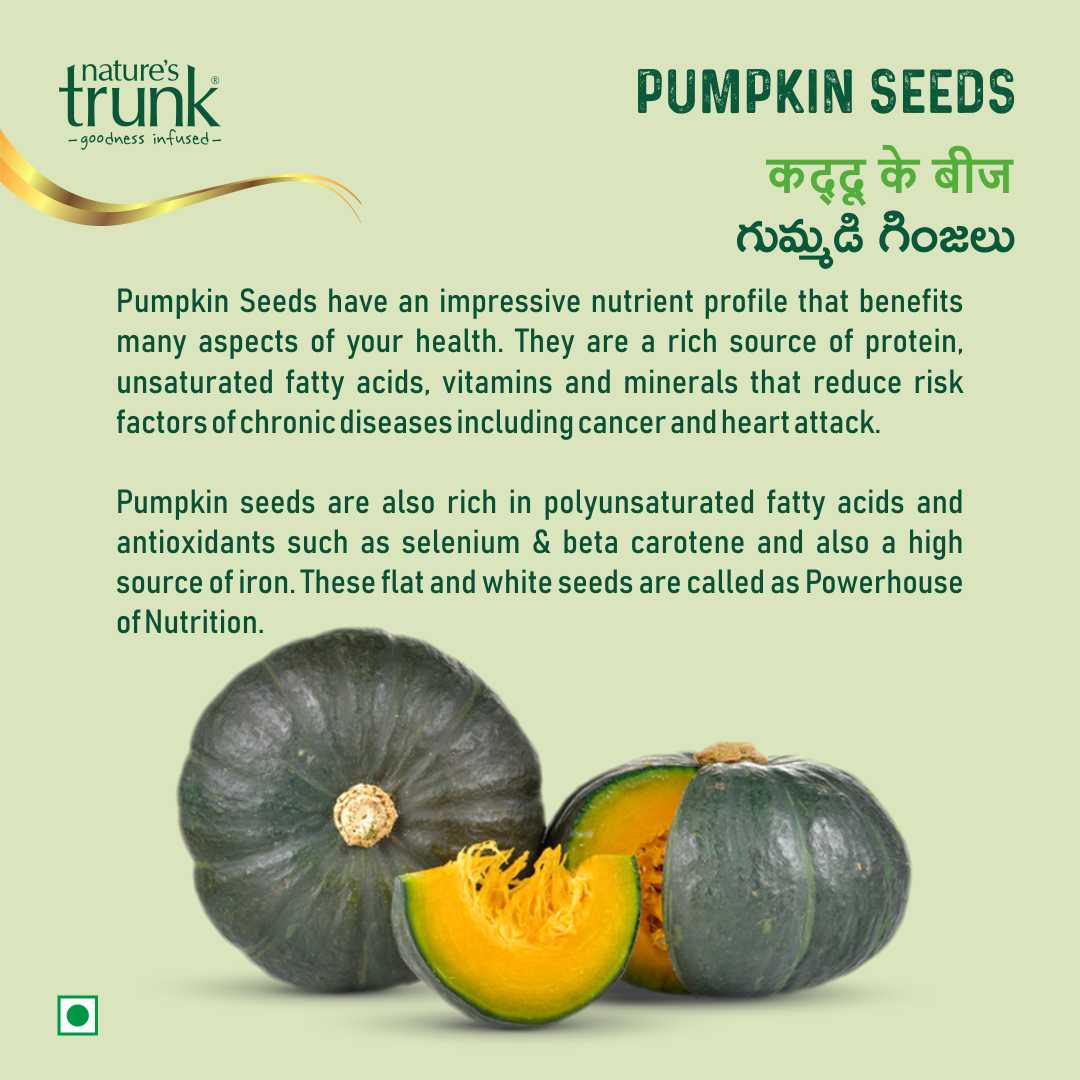 Nature’s Trunk pumpkin seeds infographic showing nutrition benefits with fresh pumpkins from a natural seeds store