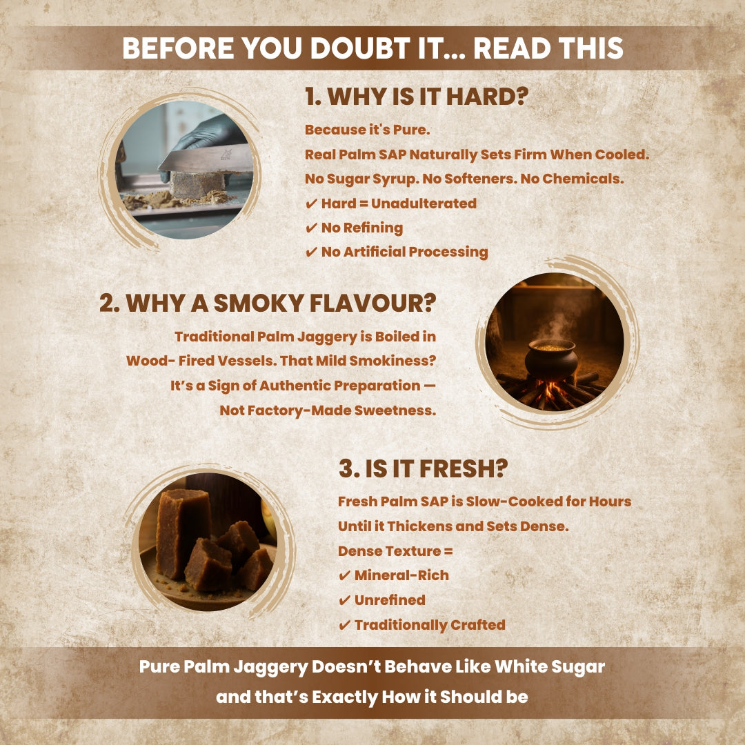Nature's Trunk Pure Palm Jaggery explaining its hard texture, smoky flavour, and traditional preparation. Order Palm Jaggery online for authentic, mineral-rich, unrefined sweetness.