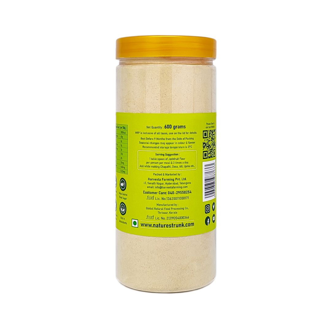 Back view of Raw Jackfruit Flour pack showing product details and usage information — healthy raw jackfruit flour available to buy raw jackfruit online.