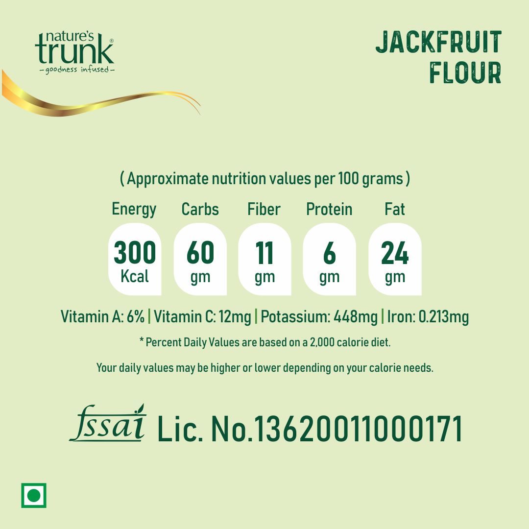 Nutritional values chart of Raw Jackfruit Flour showing fiber, carbs, and essential nutrients — healthy flour option when you buy raw jackfruit online.