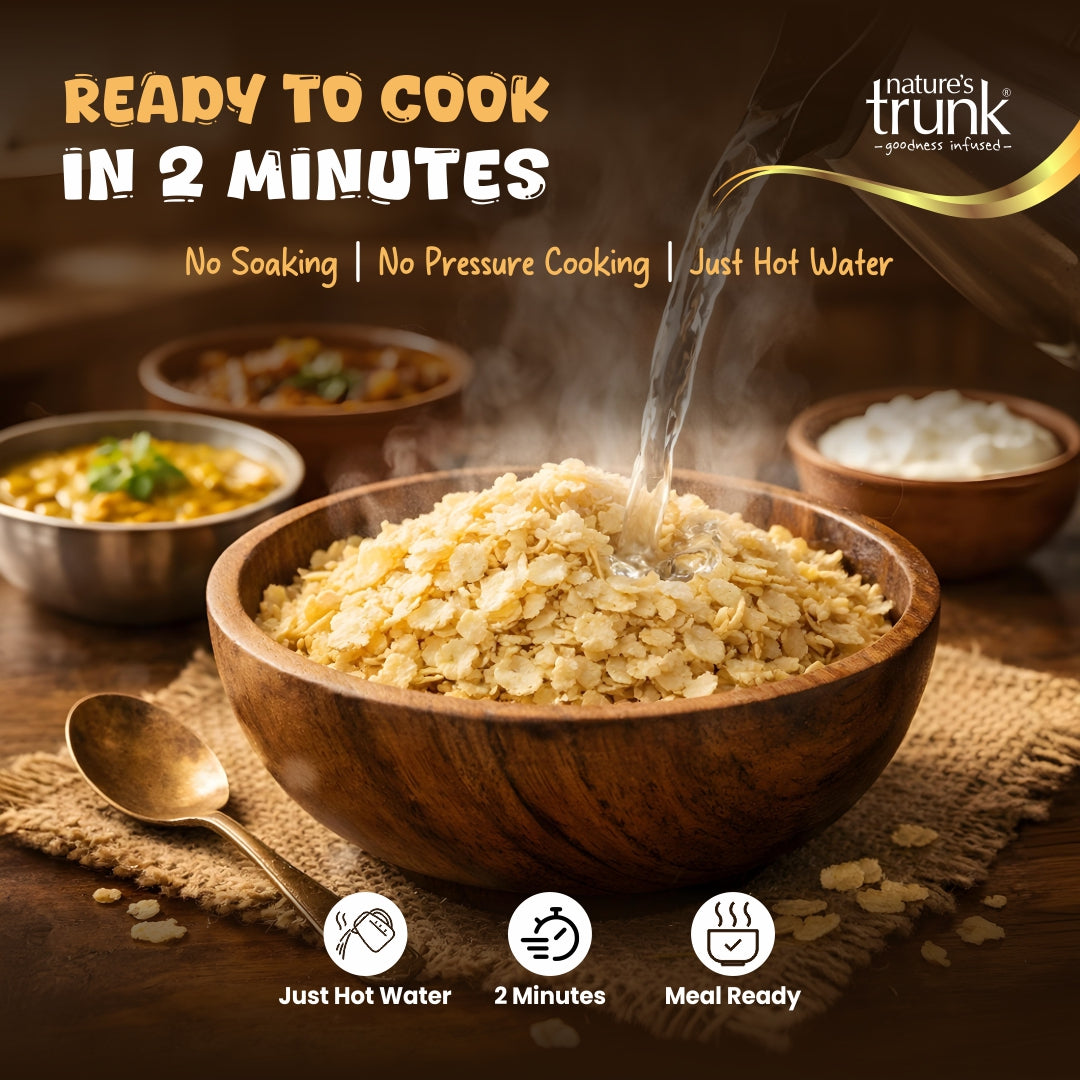 Nature's Trunk Ready-to-Cook Millet Flakes prepared in just 2 minutes with hot water. Buy Millet Flakes or order Millet Flakes online for a quick, wholesome, and nutritious meal.