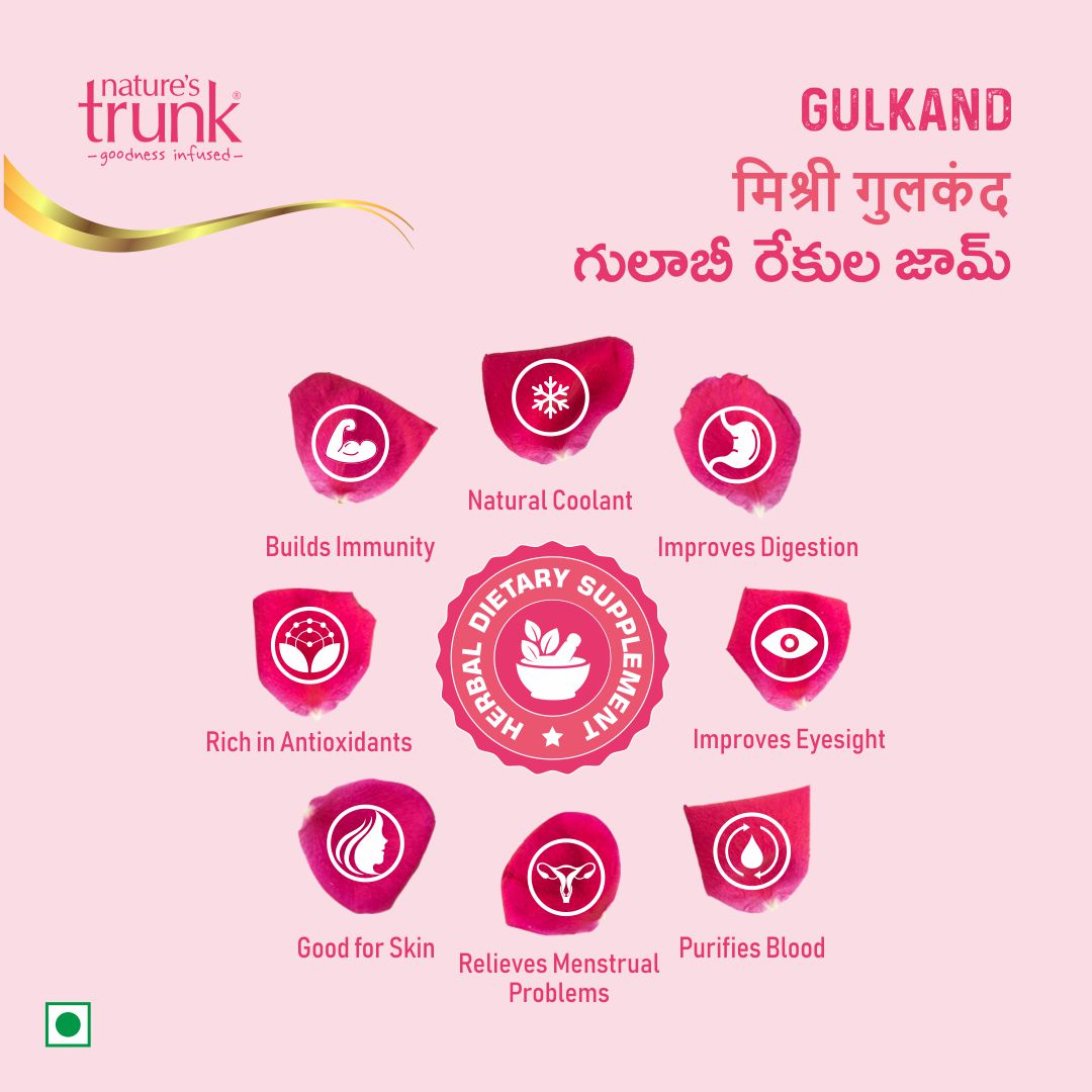 Nature's Trunk gulkand health benefits infographic showing immunity, digestion, skin health and antioxidant support