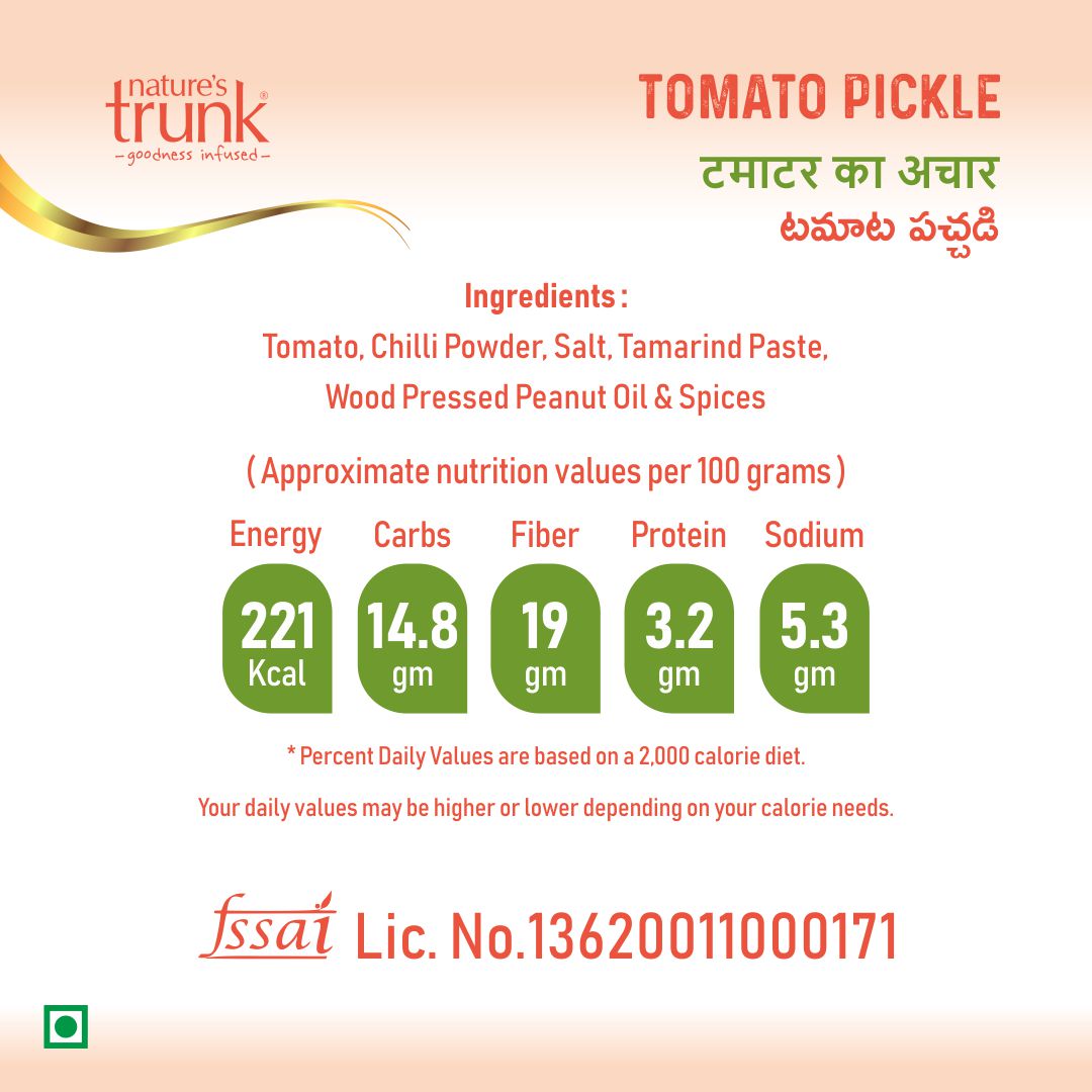 Tomato pickle nutrition and ingredients label with calories and spices by Nature’s Trunk, tomato pickle online delivery