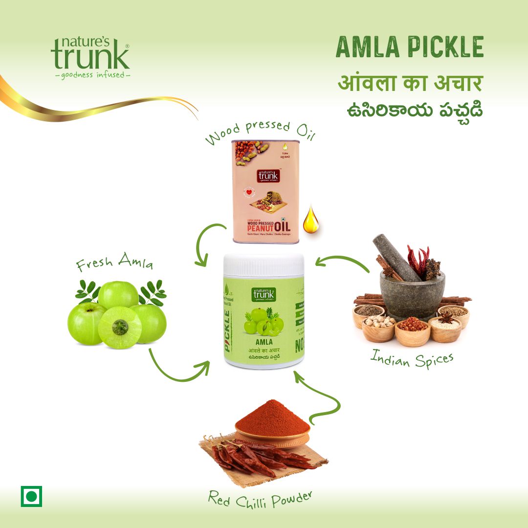 Traditional amla pickle made with fresh amla, wood pressed oil, red chilli powder and Indian spices
