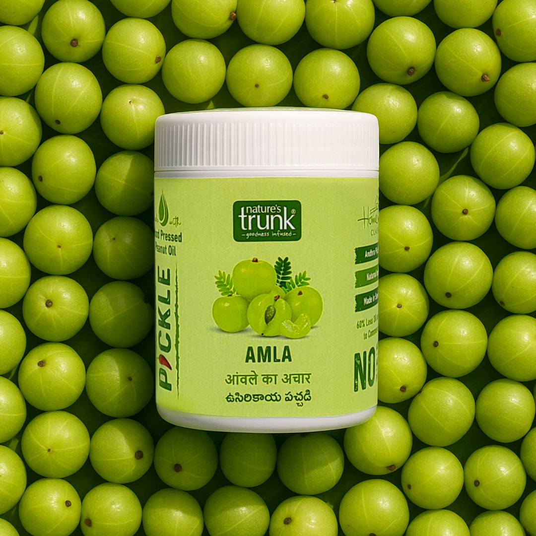 Amla pickle jar by Nature’s Trunk with fresh Indian gooseberries, traditional recipe, healthy homemade amla pickle