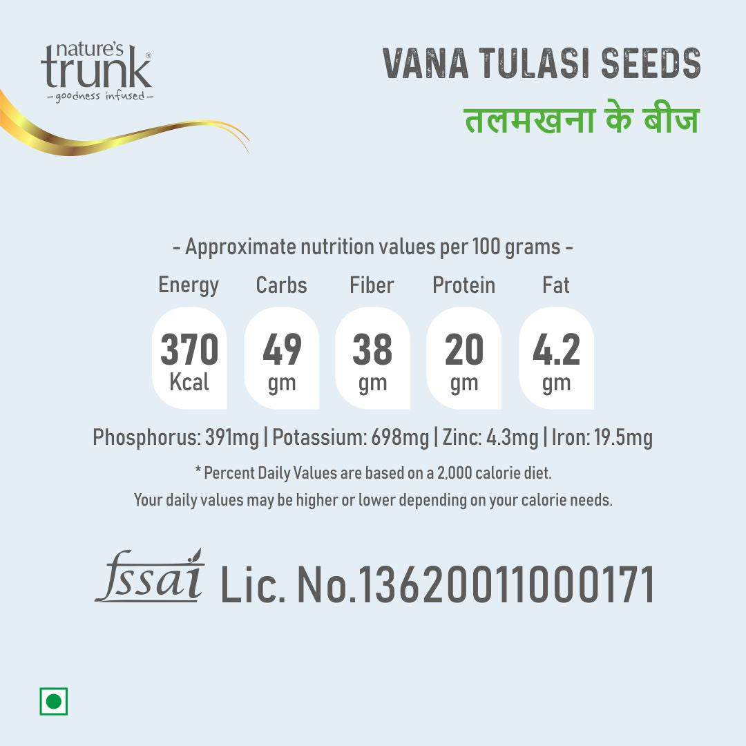 Nutritional values of Nature’s Trunk 250g Vana Tulasi Seeds – nutrients and health information