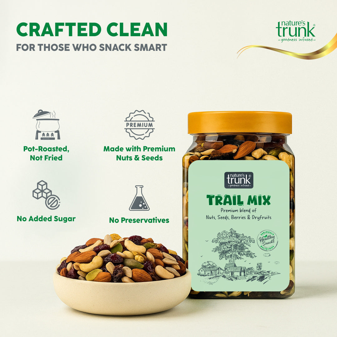 Top-down view of healthy trail mix in a bowl with mixed nuts and seeds for balanced nutrition