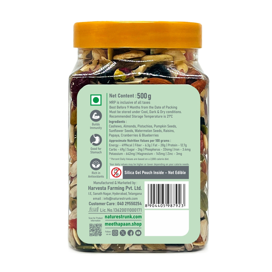 Assorted healthy trail mix featuring mixed nuts and seeds arranged for premium snacking and natural energy support