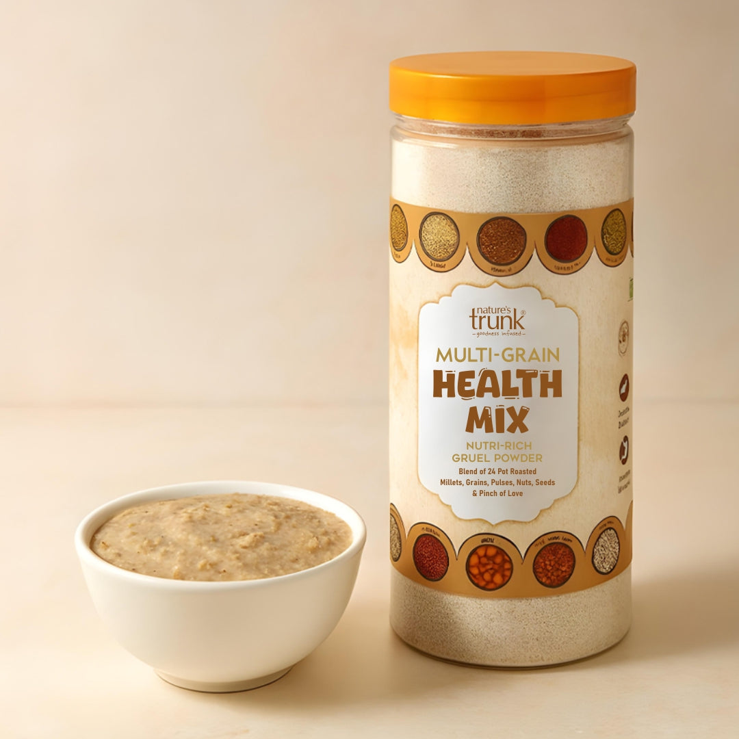 Nature’s Trunk Multi-Grain Health Mix Powder jar with product details