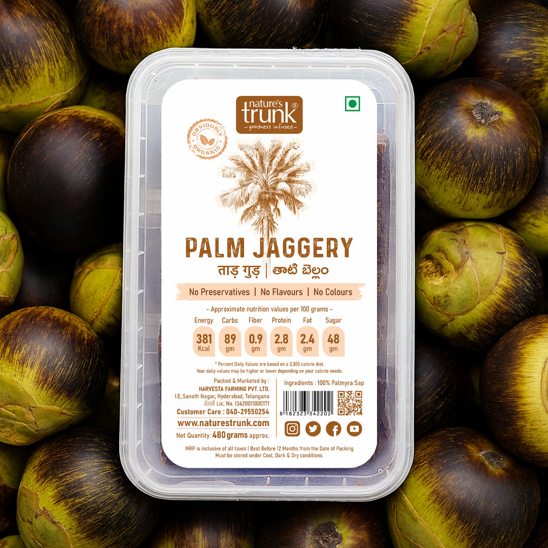 Nature’s Trunk packaged Palm Jelly – Tati Tandra (Tad Papad) with palm fruits background